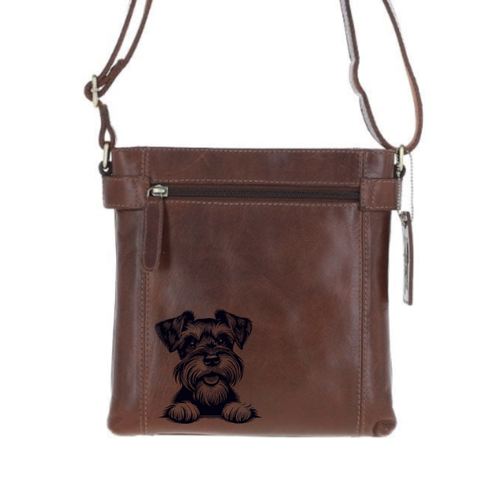 Miniature Schnauzer Paws Engraved Leather Two Section Zip Top Crossbody Bag