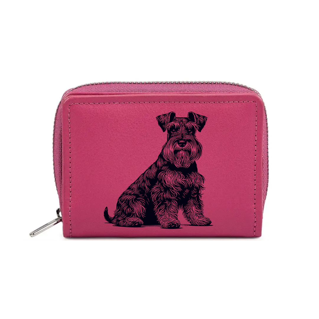 Miniature Schnauzer Sitting Engraved Small Leather Purse (Green/Pink/Blue/Red)
