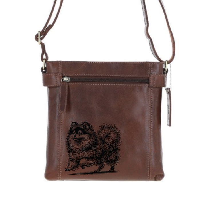 Pomeranian Running Engraved Leather Two Section Zip Top Crossbody Bag