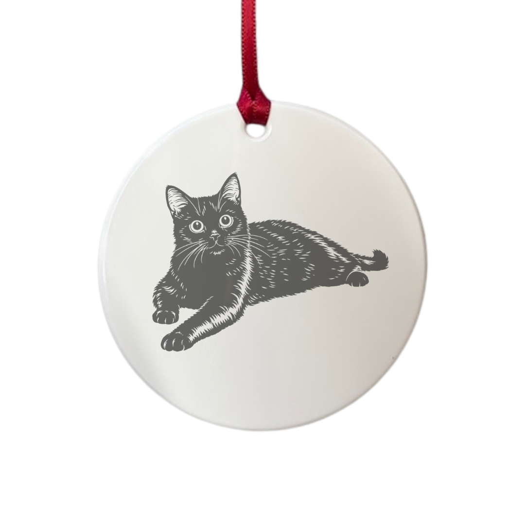 Personalised Black Cat Lying Down Engraved White Acrylic Decoration