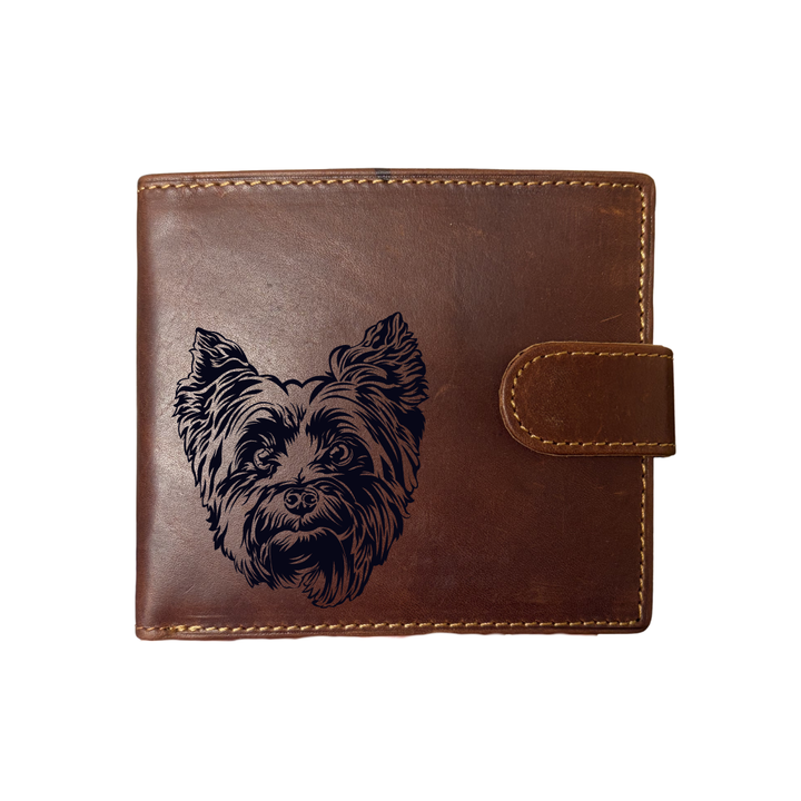Personalised Yorkshire Terrier Face Engraved Dark Tan Genuine Leather Wallet