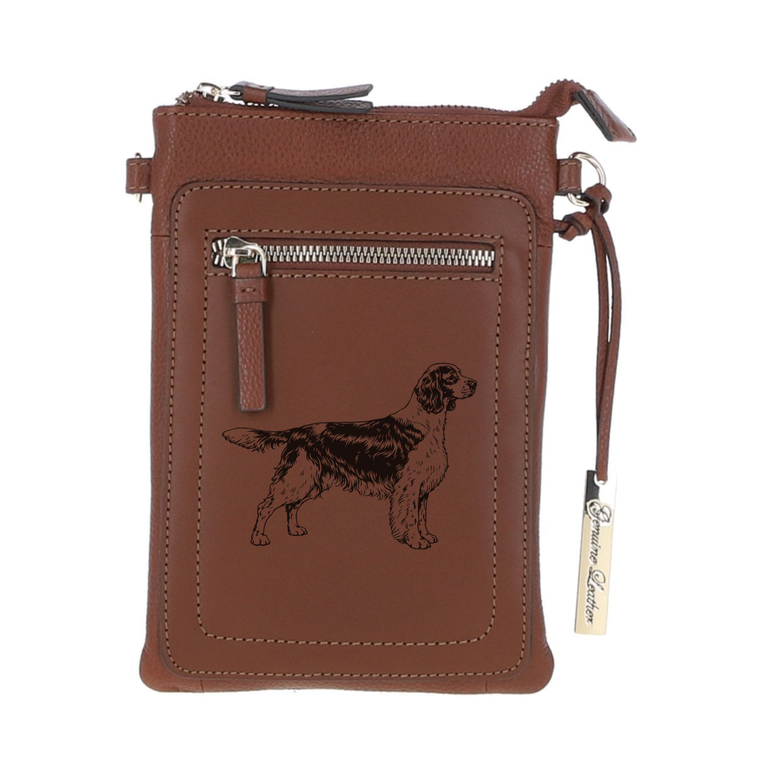 Personalised English Springer Spaniel Standing Engraved Leather Crossbody Smart Phone Bag