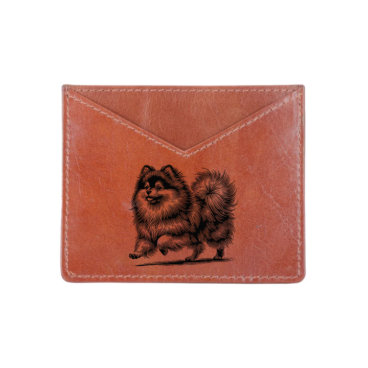 Pomeranian Running Engraved Genuine Leather Cardholder