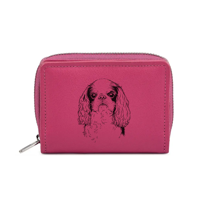King Charles Spaniel Face Engraved Small Leather Purse (Green/Pink/Blue/Red)