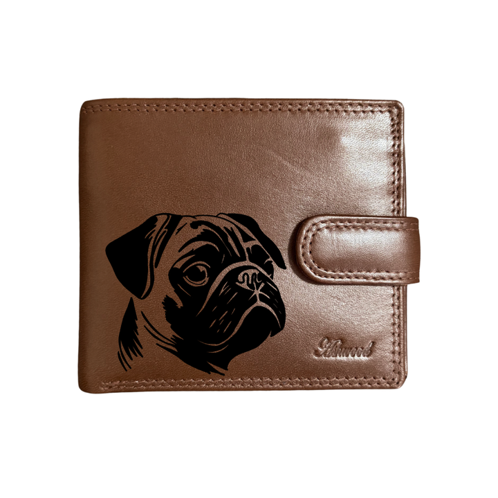 Personalised Pug Face Engraved Dark Tan Genuine Leather Wallet