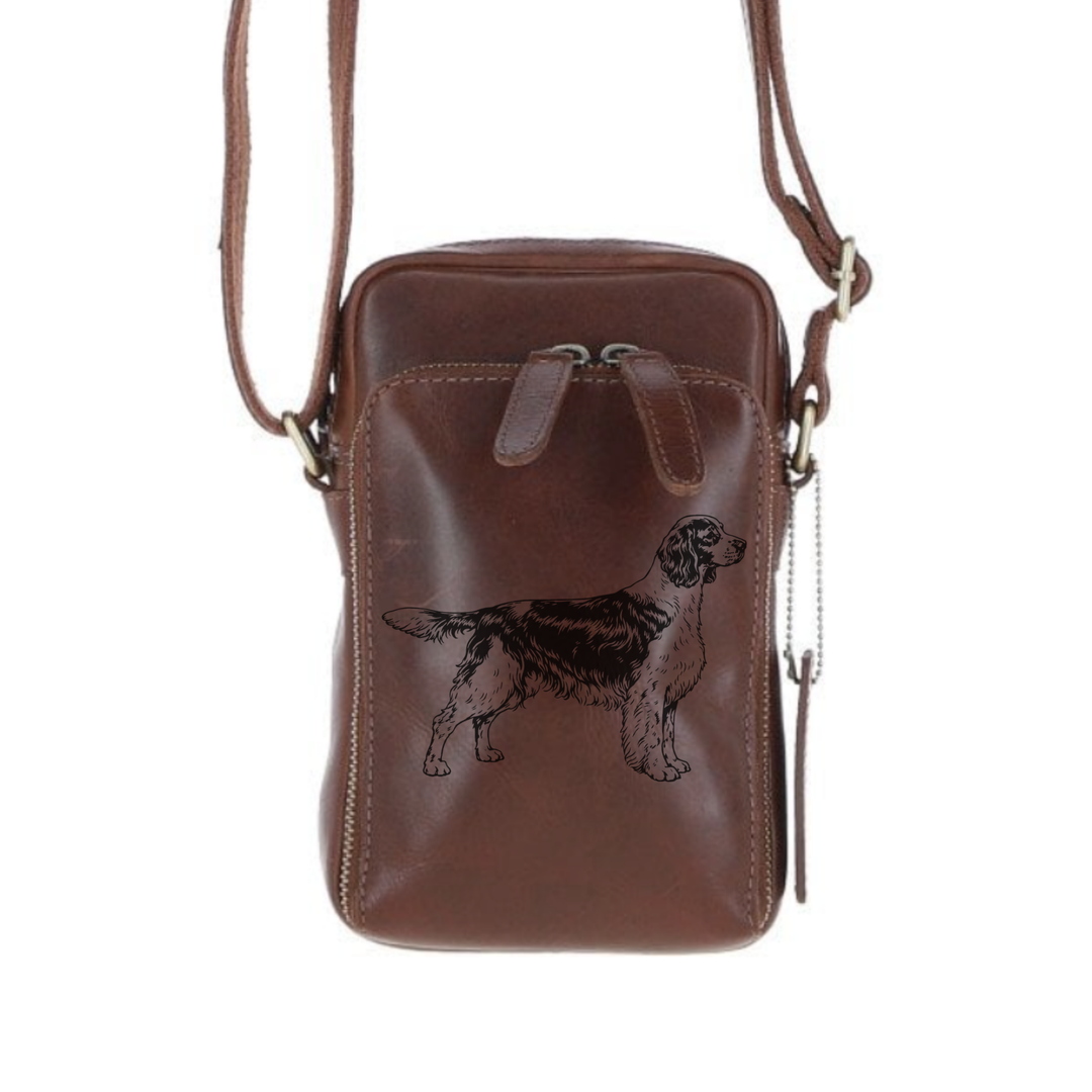 Personalised English Springer Spaniel Standing Leather Compact Crossbody Bag