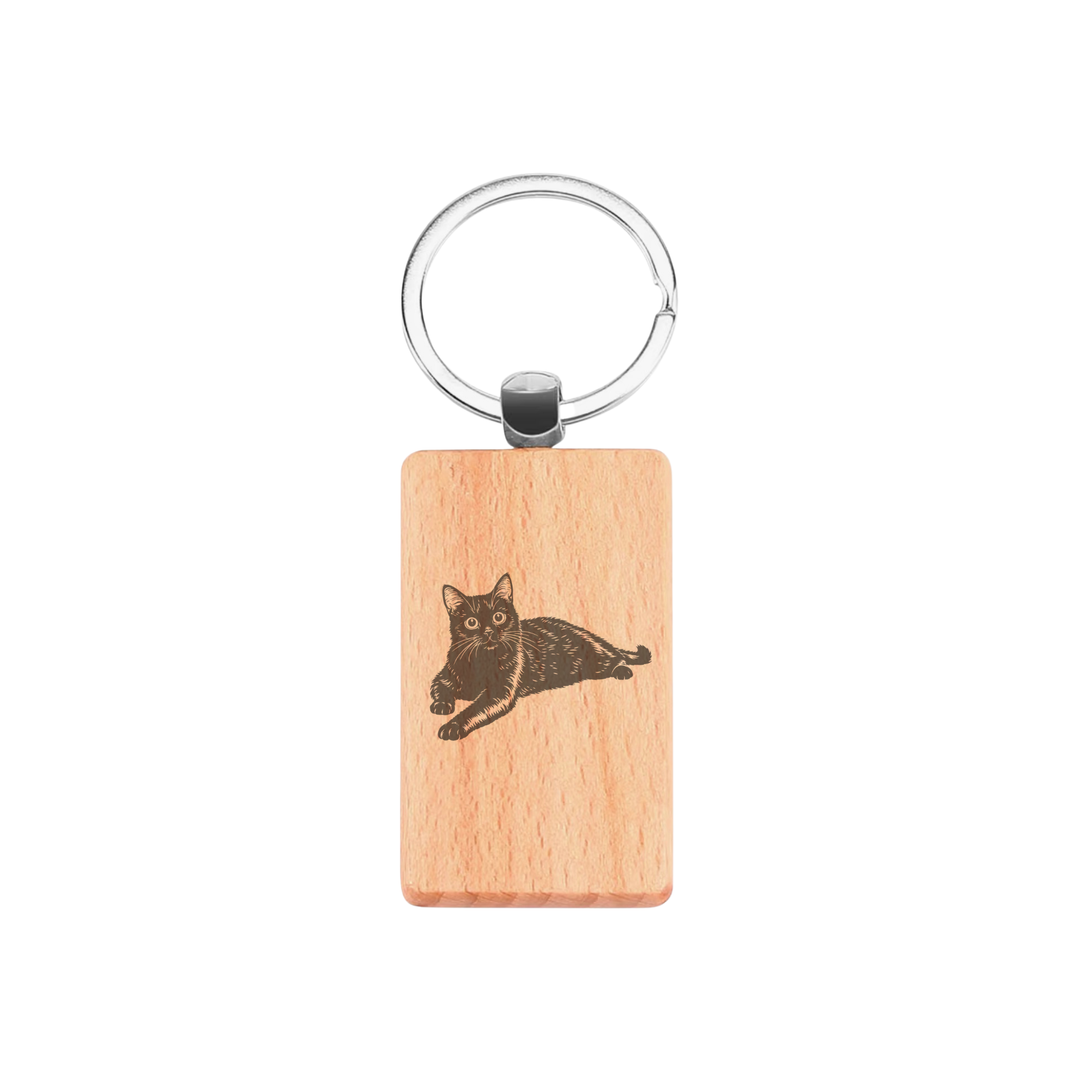 Black Cat Lying Down Engraved Rectangle Wooden Keyring