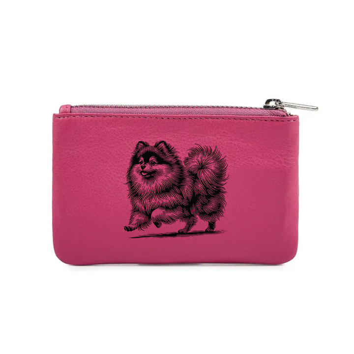 Pomeranian Running Engraved Genuine Leather Coin Purse (Multiple Colour Options)