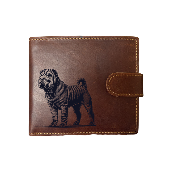 Personalised Shar Pei Standing Engraved Dark Tan Genuine Leather Wallet