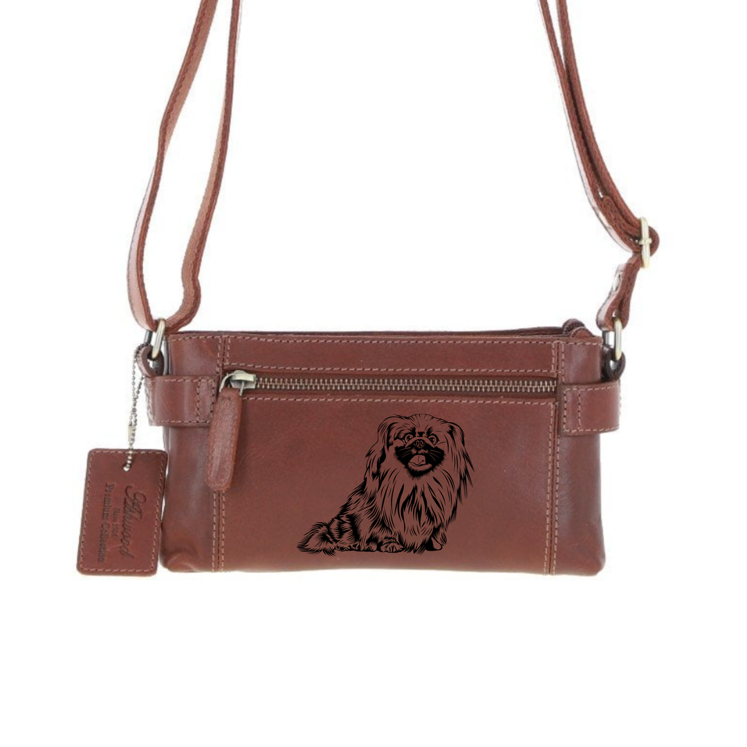 Personalised Pekingese Sit Engraved Small Leather Two Section Zip Top Crossbody Bag