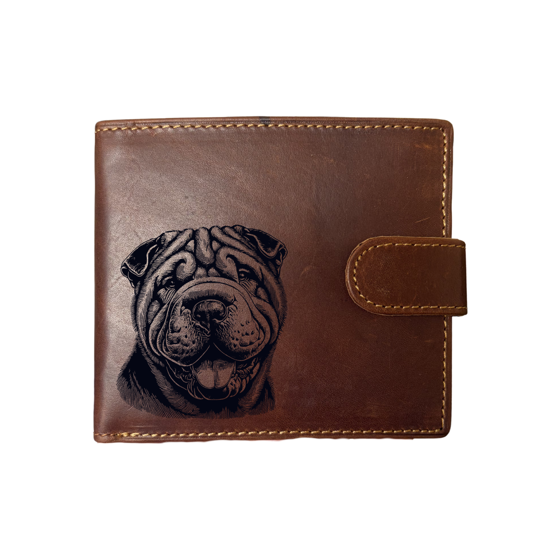 Personalised Shar Pei Face Engraved Dark Tan Genuine Leather Wallet