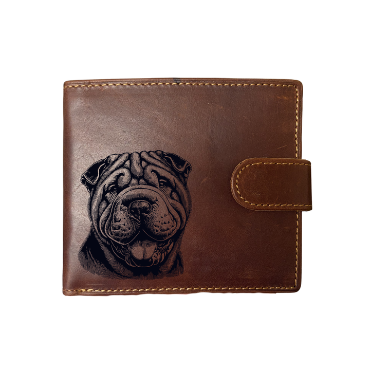 Personalised Shar Pei Face Engraved Dark Tan Genuine Leather Wallet