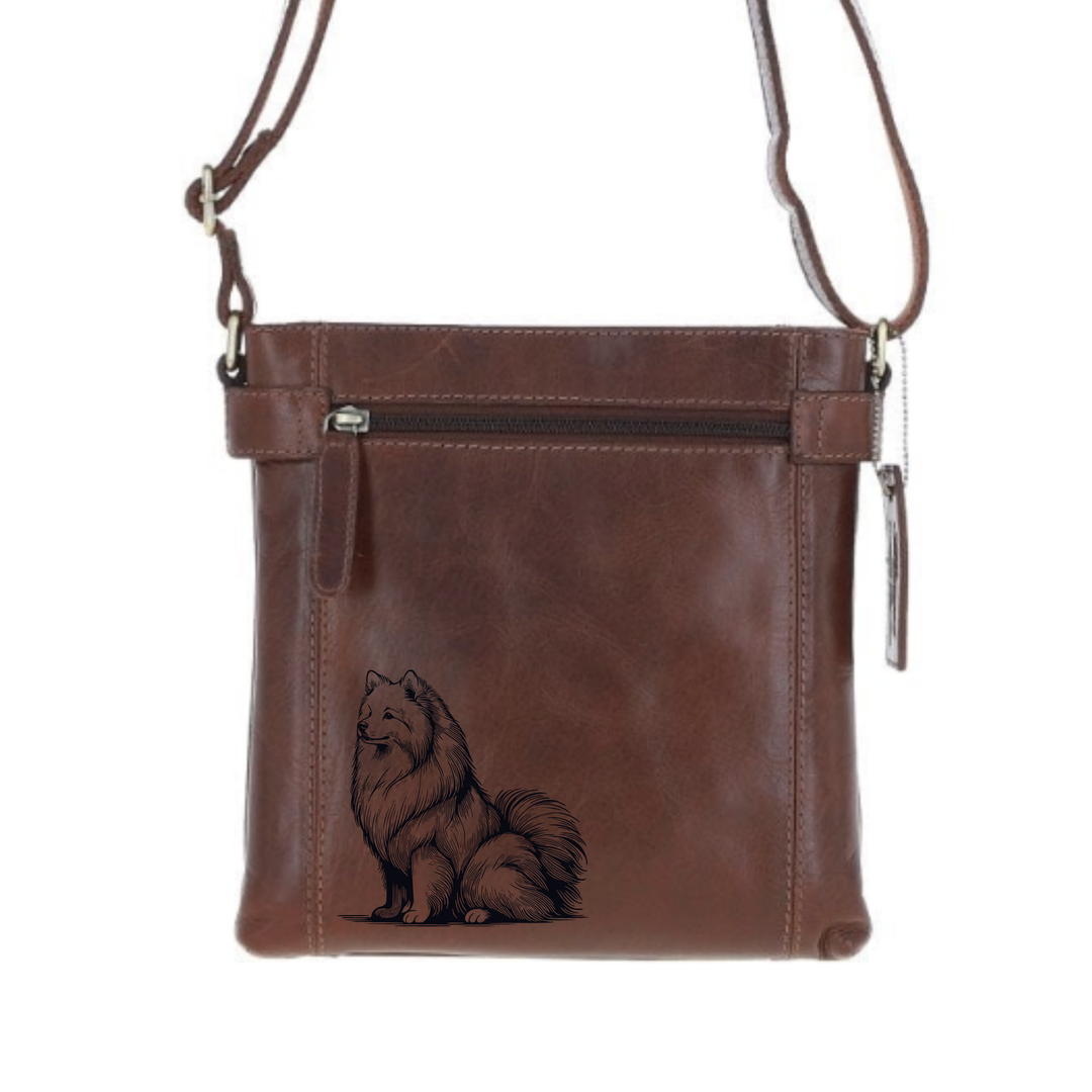Japanese Spitz Sitting Engraved Leather Two Section Zip Top Crossbody Bag