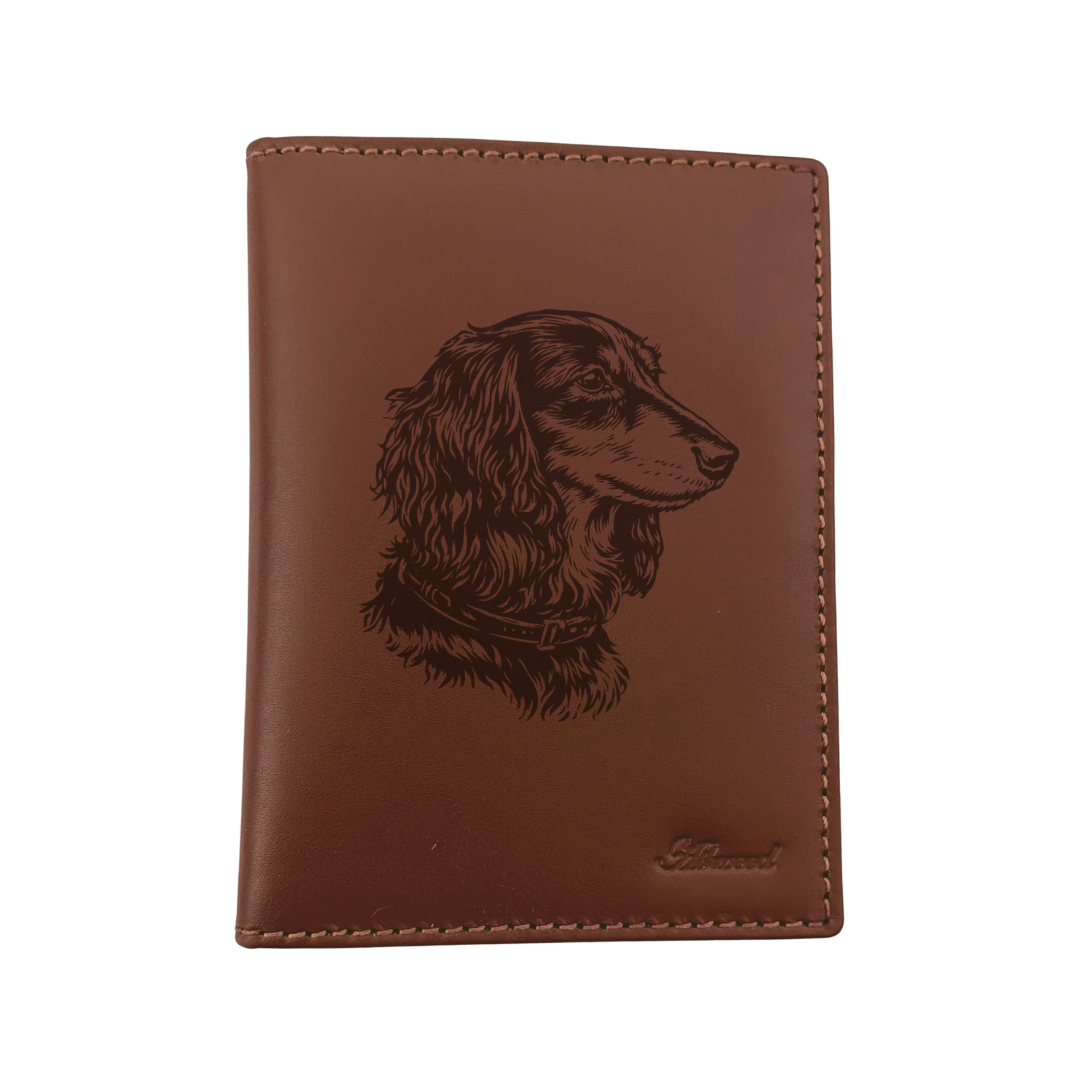 Longhaired Dachshund Face Engraved Leather Passport Cover
