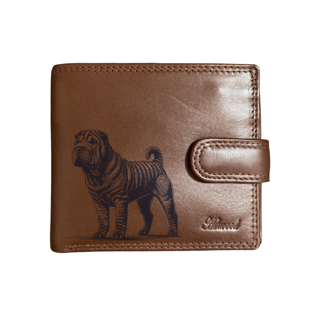 Personalised Shar Pei Standing Engraved Dark Tan Genuine Leather Wallet