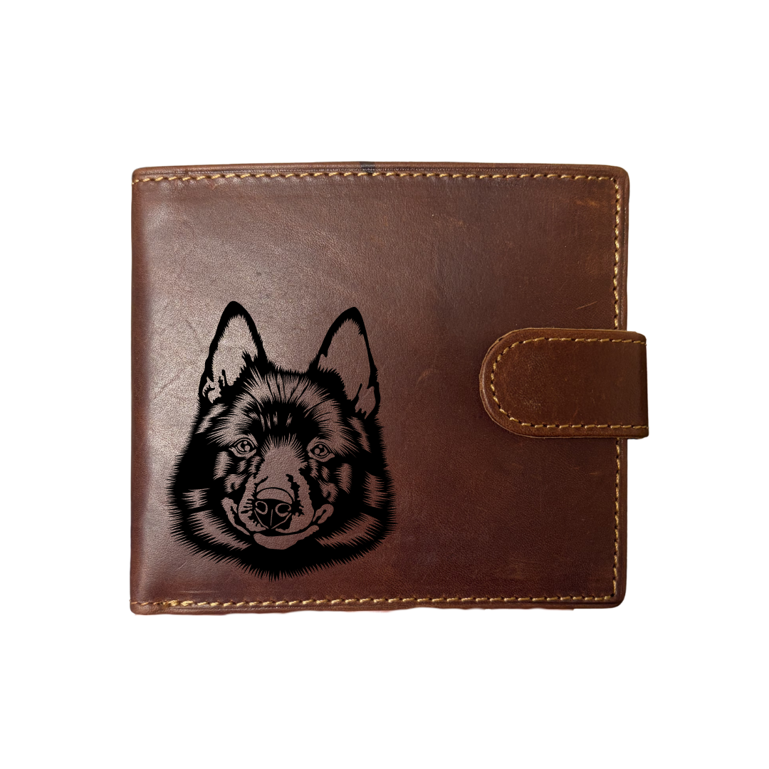 Personalised Schipperke Face Engraved Dark Tan Genuine Leather Wallet