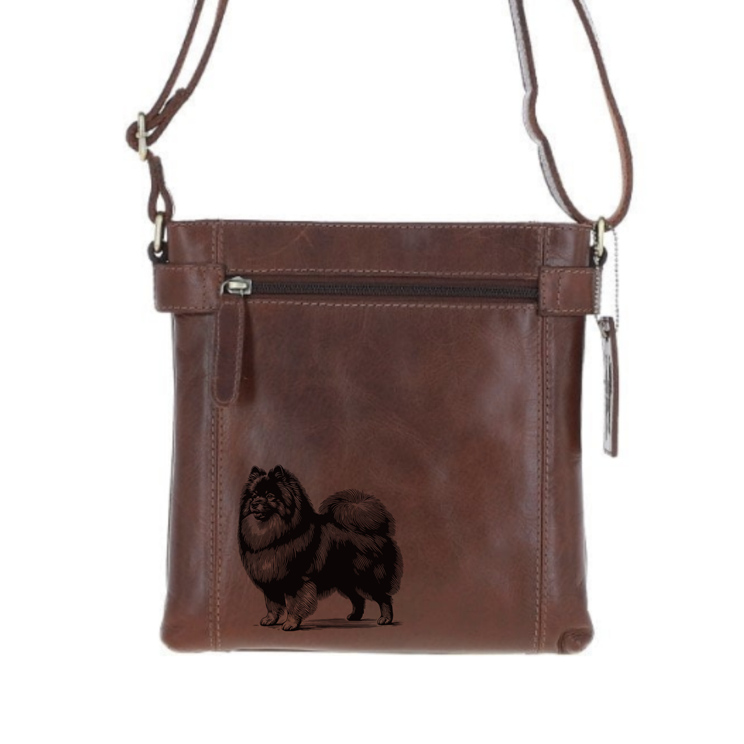 German Spitz Standing Engraved Leather Two Section Zip Top Crossbody Bag
