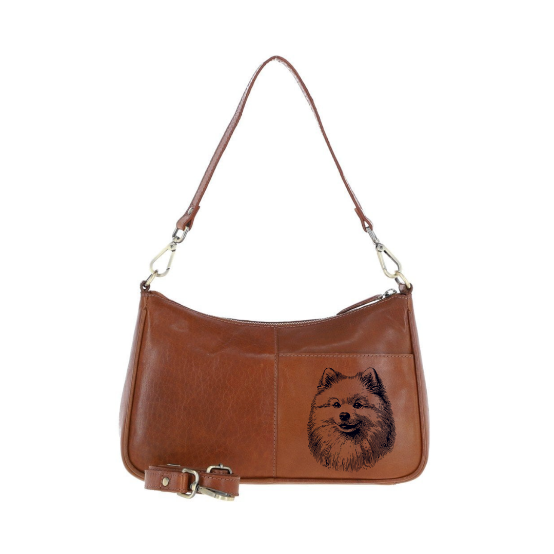 Japanese Spitz Face Engraved Genuine Leather Shoulder Bag