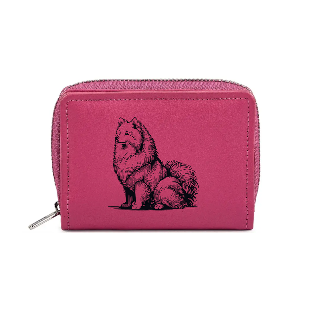 Japanese Spitz Sitting Engraved Small Leather Purse (Green/Pink/Blue/Red)