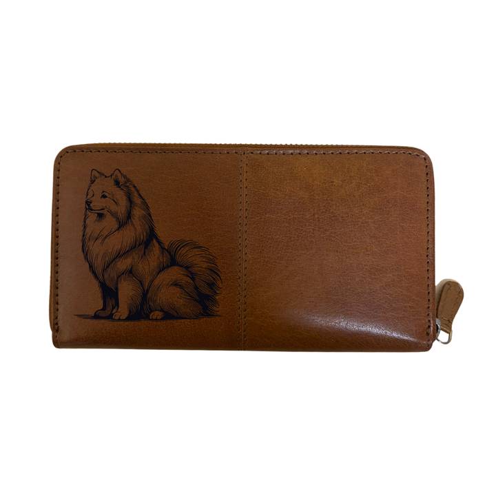 Japanese Spitz Sitting Engraved Large Leather Purse