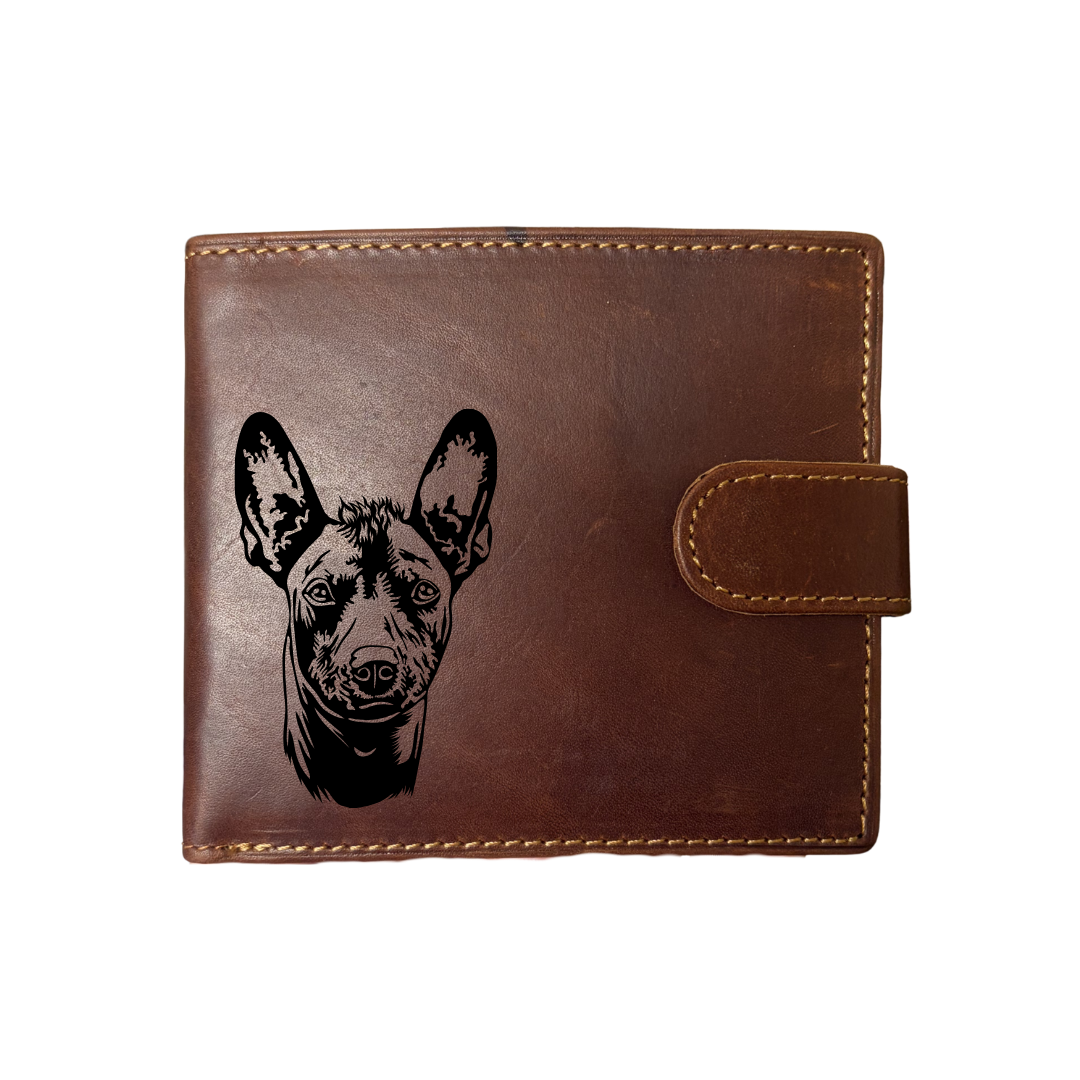 Personalised Xoloitzcuintli Face Engraved Dark Tan Genuine Leather Wallet