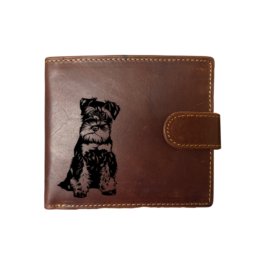 Personalised Miniature Schnauzer Sitting Engraved Dark Tan Genuine Leather Wallet