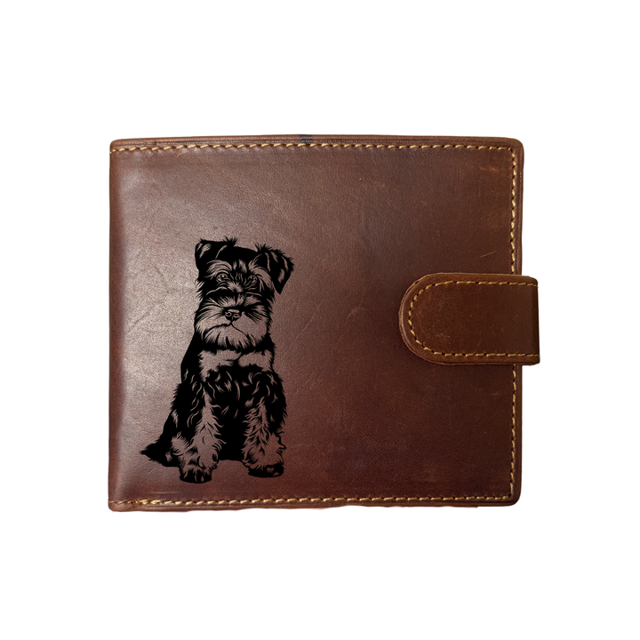 Personalised Miniature Schnauzer Sitting Engraved Dark Tan Genuine Leather Wallet