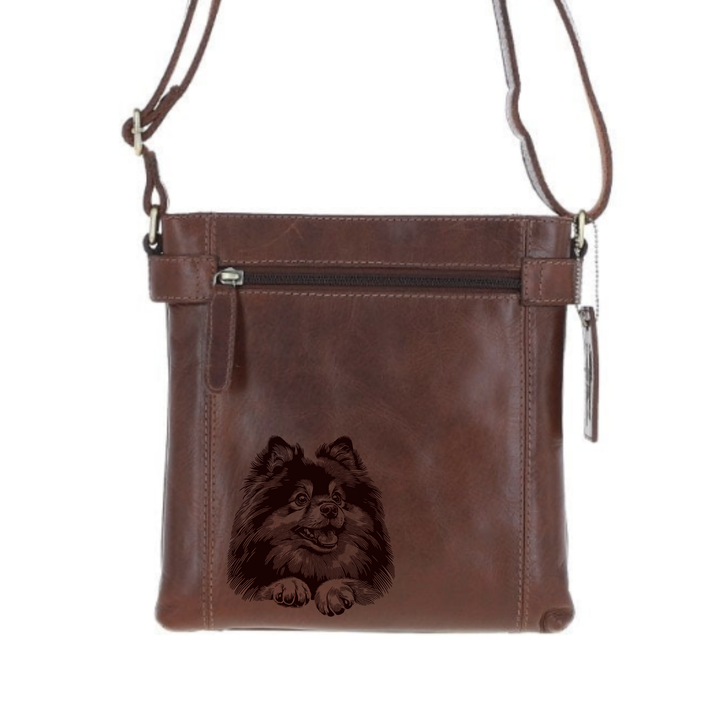German Spitz Paws Engraved Leather Two Section Zip Top Crossbody Bag