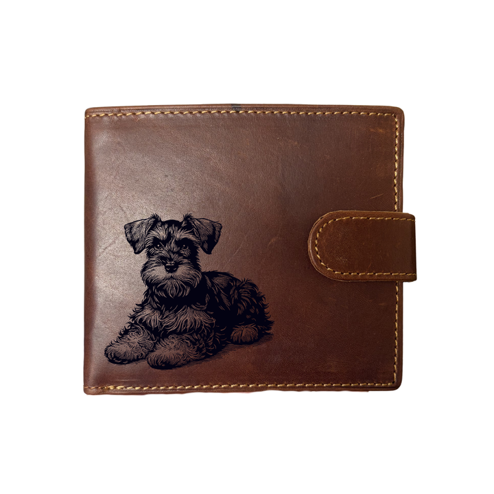 Personalised Miniature Schnauzer Lying Down Engraved Dark Tan Genuine Leather Wallet