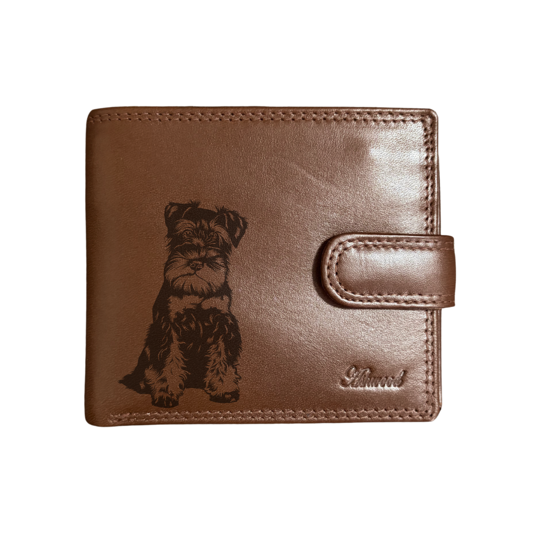 Personalised Miniature Schnauzer Sitting Engraved Dark Tan Genuine Leather Wallet