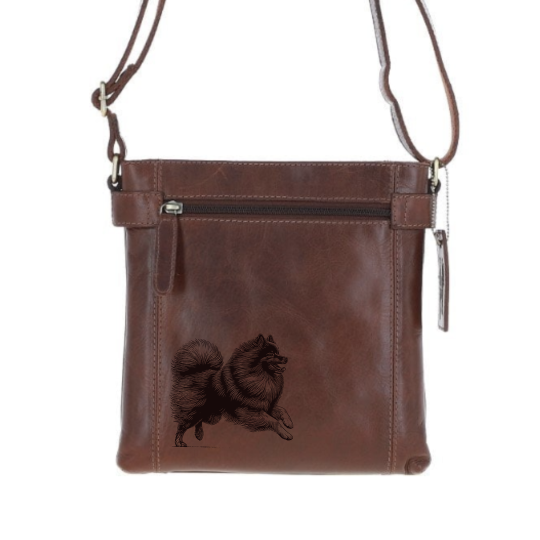 German Spitz Running Engraved Leather Two Section Zip Top Crossbody Bag