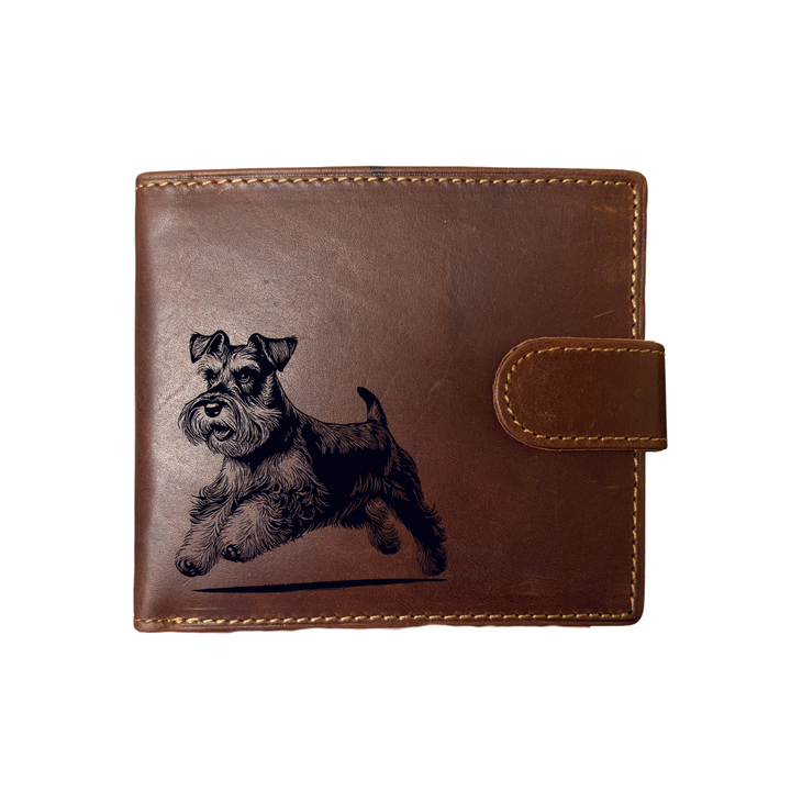 Personalised Miniature Schnauzer Running Engraved Dark Tan Genuine Leather Wallet