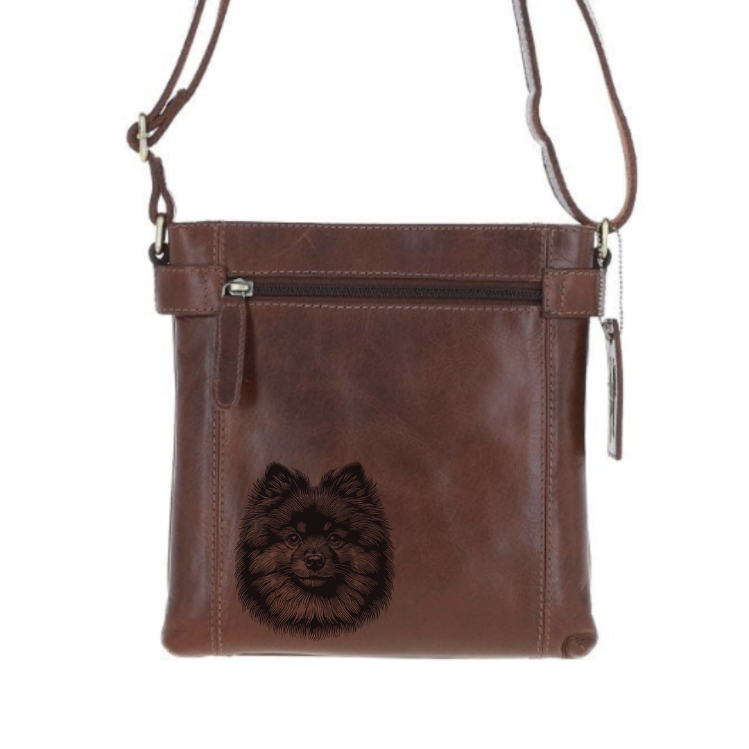 German Spitz Face Engraved Leather Two Section Zip Top Crossbody Bag
