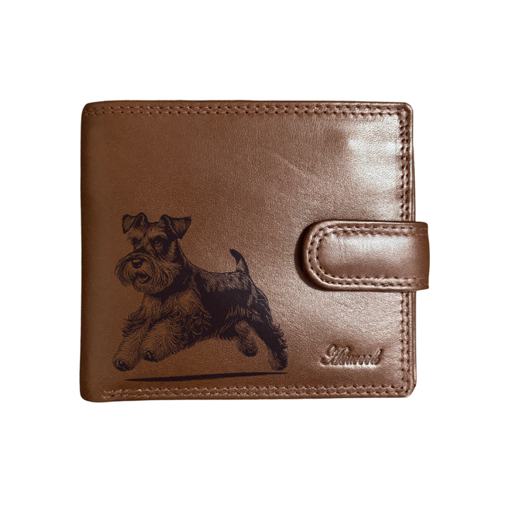 Personalised Miniature Schnauzer Running Engraved Dark Tan Genuine Leather Wallet