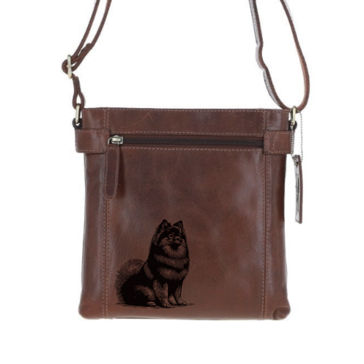 German Spitz Sitting Engraved Leather Two Section Zip Top Crossbody Bag