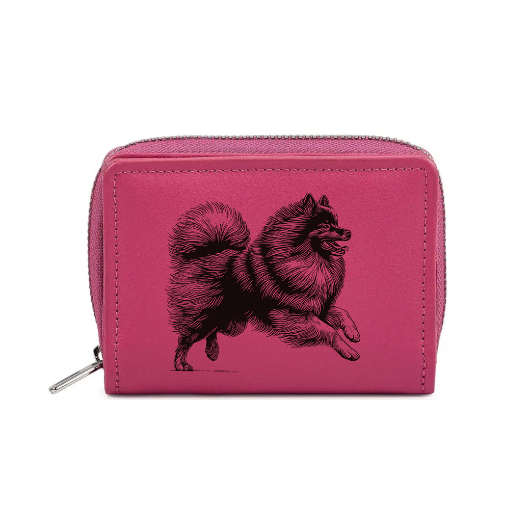 German Spitz Running Engraved Small Leather Purse (Green/Pink/Blue/Red)