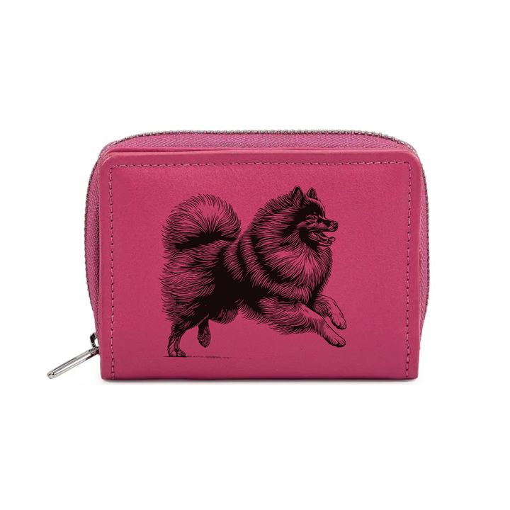 German Spitz Running Engraved Small Leather Purse (Green/Pink/Blue/Red)