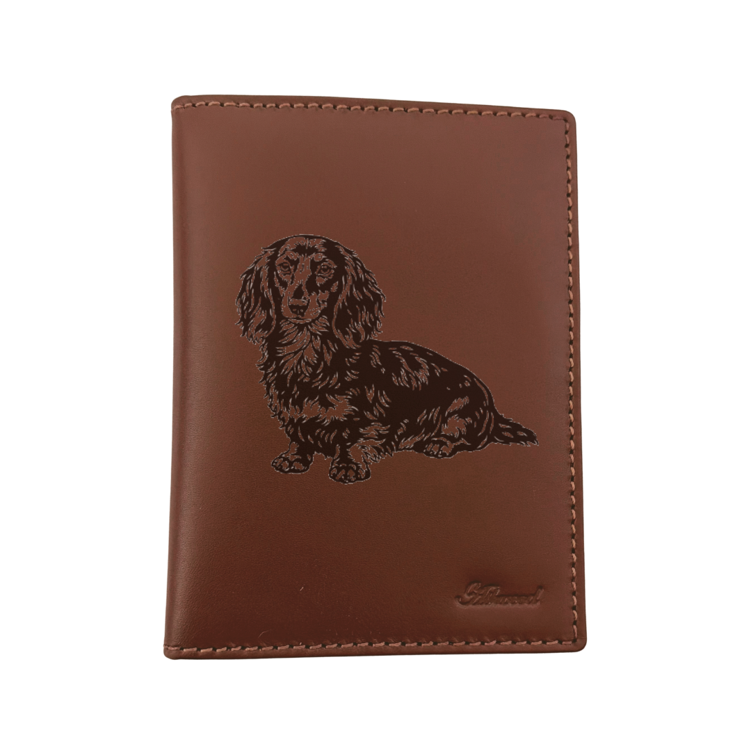 Longhaired Dachshund Sitting Engraved Leather Passport Cover