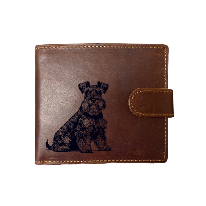 Personalised Miniature Schnauzer Sitting Engraved Dark Tan Genuine Leather Wallet