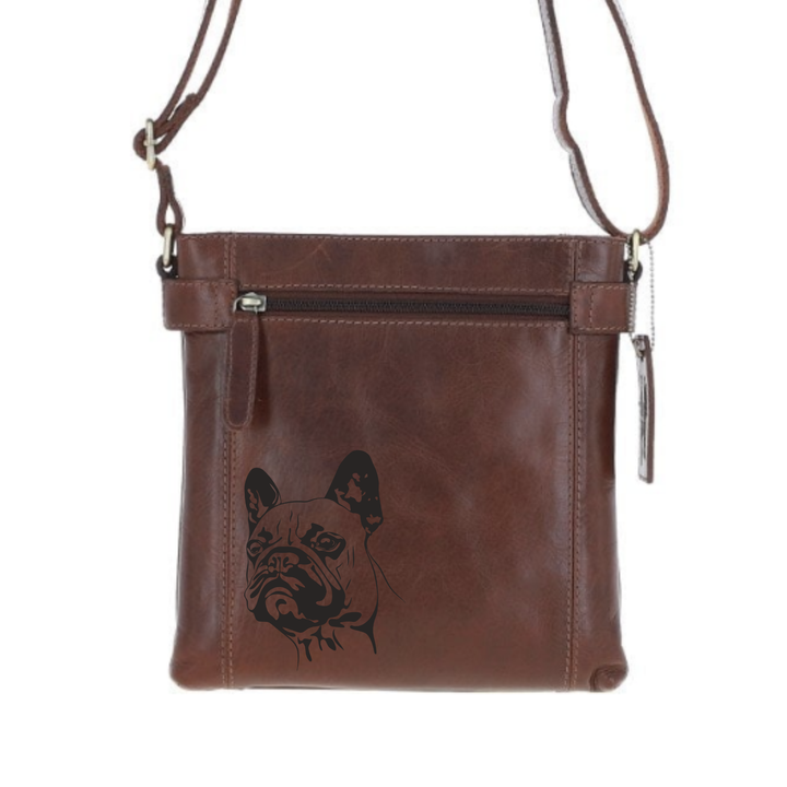 French Bulldog Face Engraved Leather Two Section Zip Top Crossbody Bag