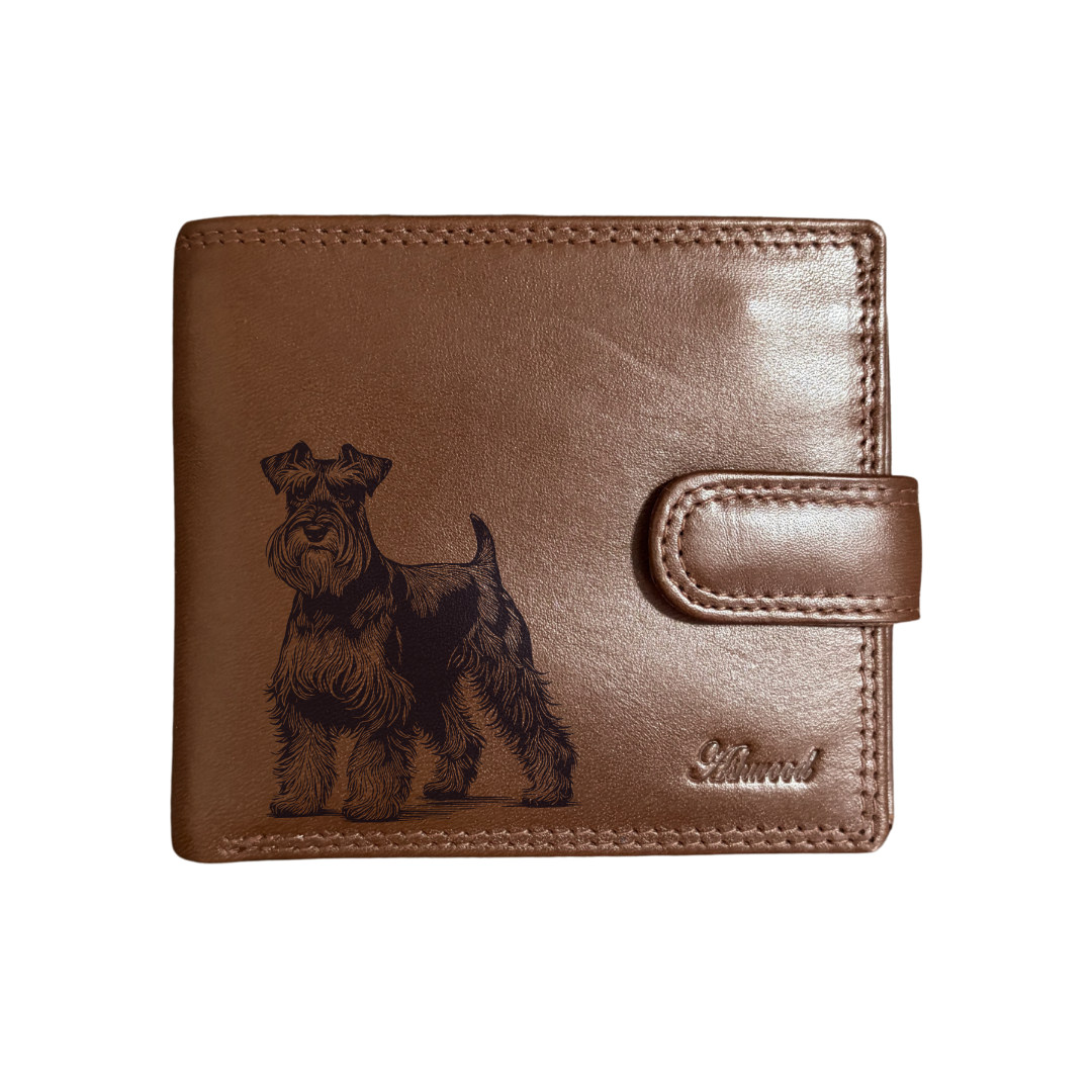 Personalised Miniature Schnauzer Standing Engraved Dark Tan Genuine Leather Wallet