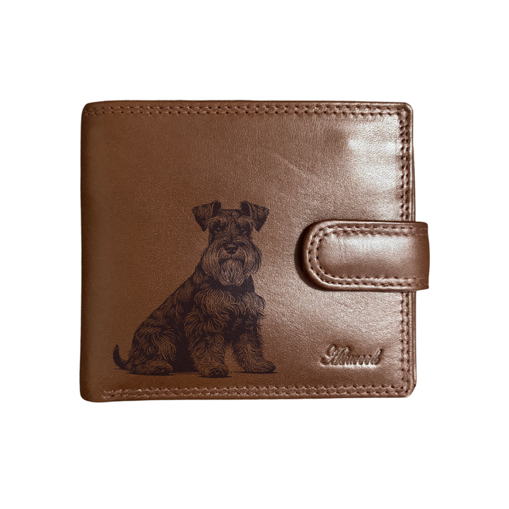 Personalised Miniature Schnauzer Sitting Engraved Dark Tan Genuine Leather Wallet