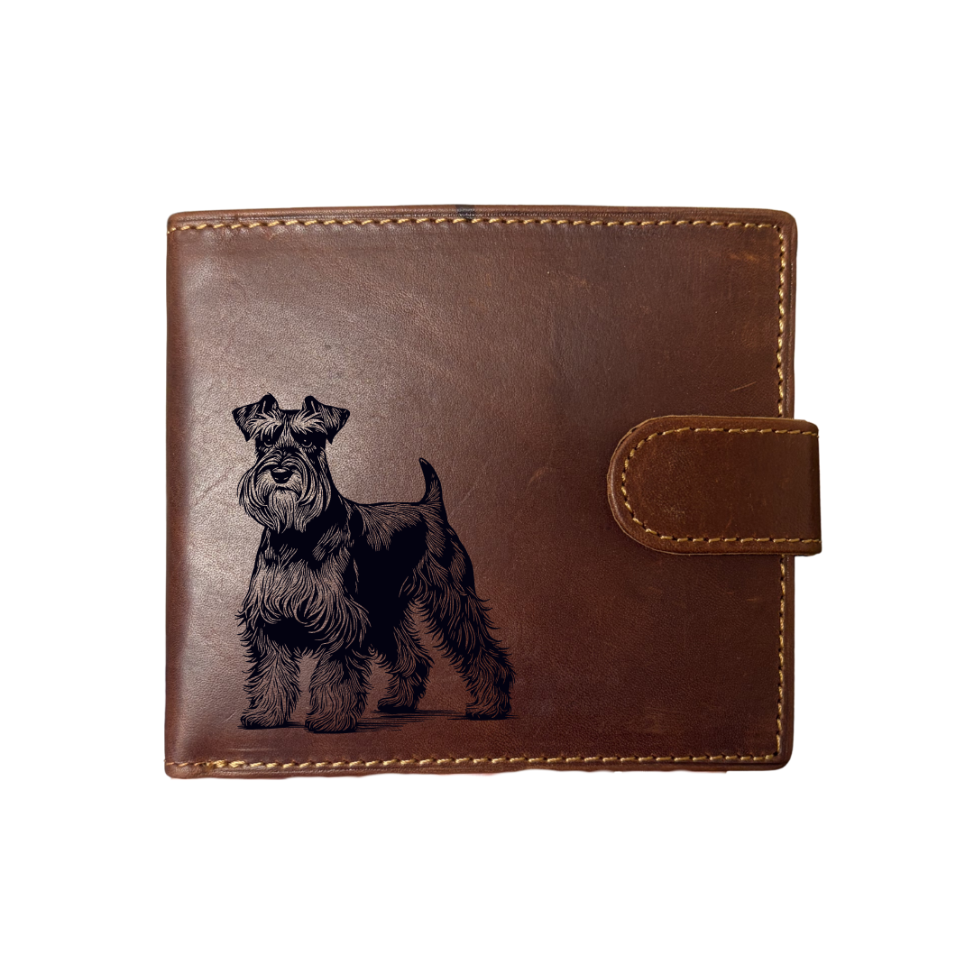 Personalised Miniature Schnauzer Standing Engraved Dark Tan Genuine Leather Wallet