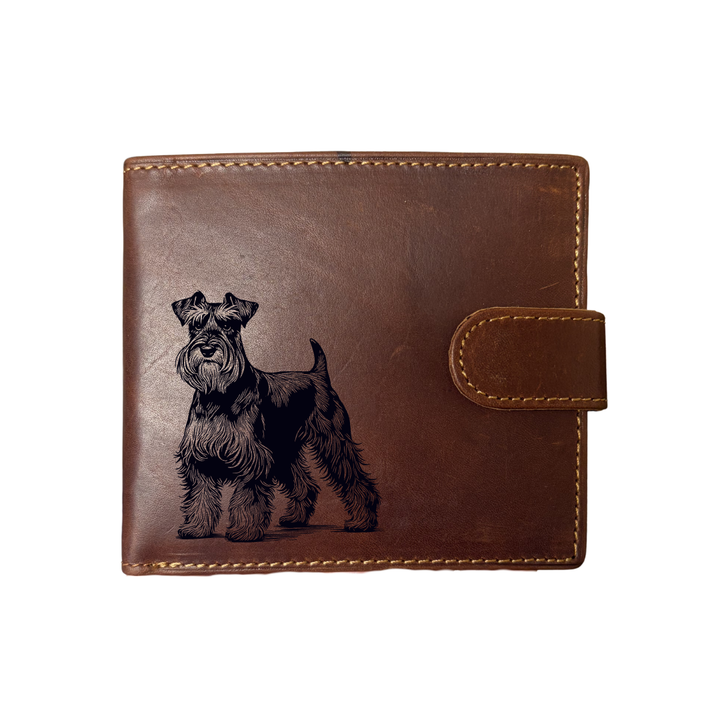 Personalised Miniature Schnauzer Standing Engraved Dark Tan Genuine Leather Wallet