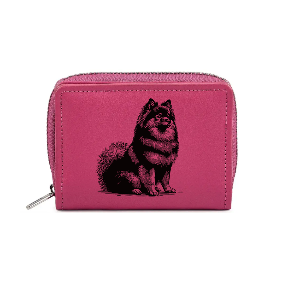 German Spitz Sitting Engraved Small Leather Purse (Green/Pink/Blue/Red)