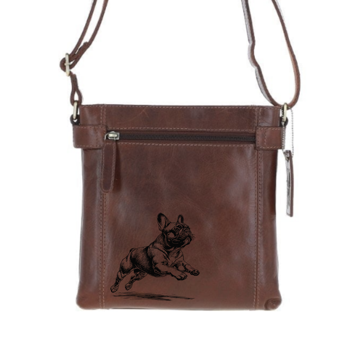 French Bulldog Running Engraved Leather Two Section Zip Top Crossbody Bag