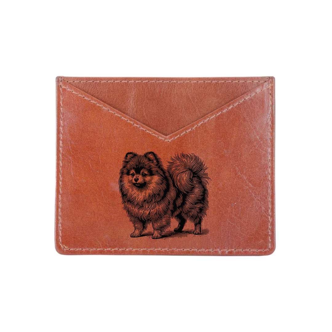 Pomeranian Standing Engraved Genuine Leather Cardholder