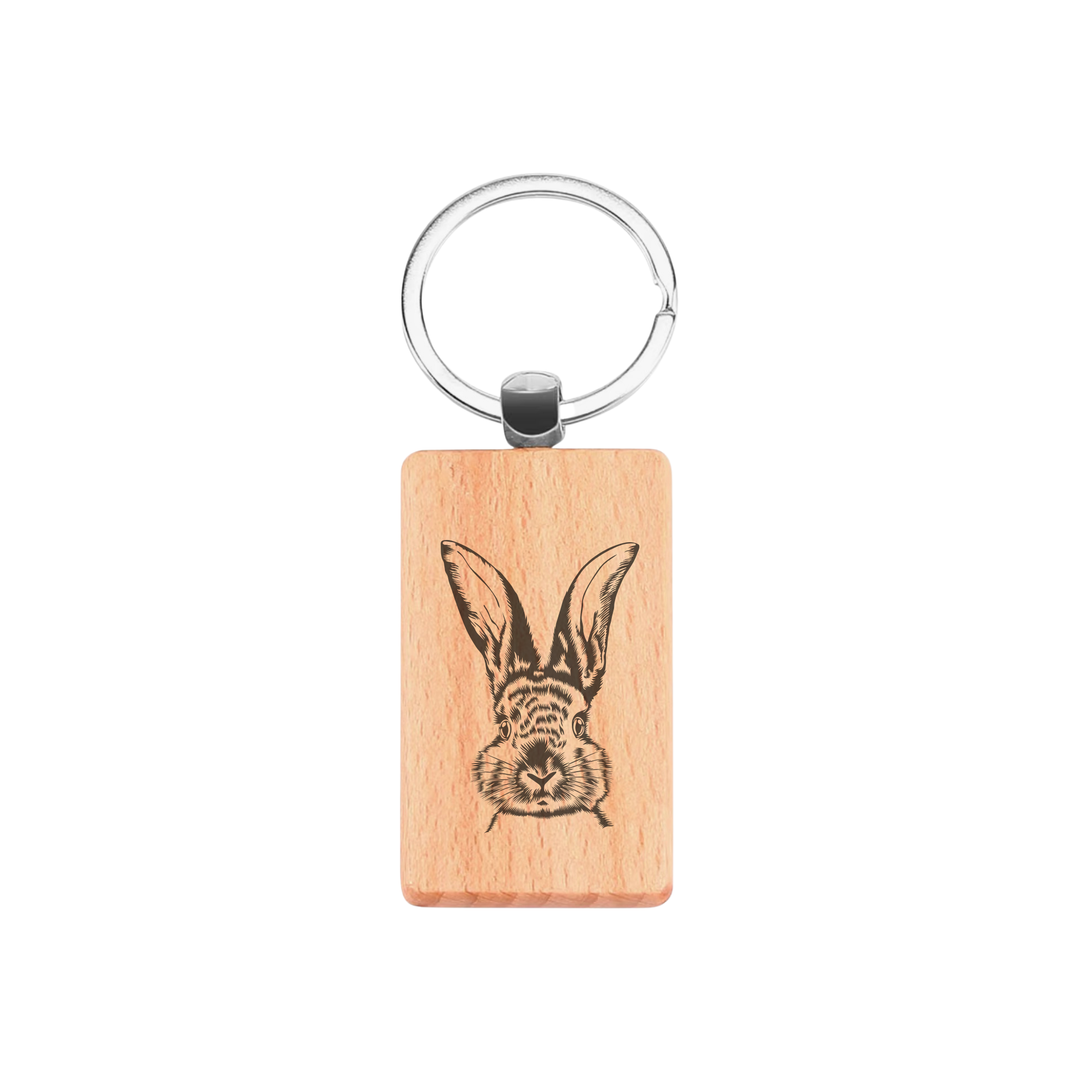 Hare Engraved Rectangle Wooden Keyring