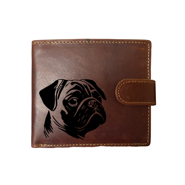 Personalised Pug Face Engraved Dark Tan Genuine Leather Wallet