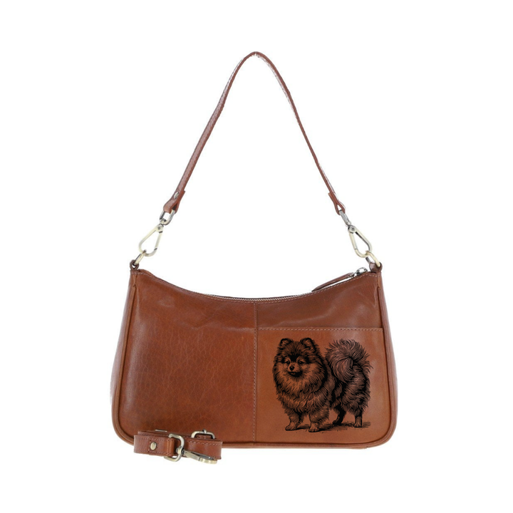 Pomeranian Standing Engraved Genuine Leather Shoulder Bag